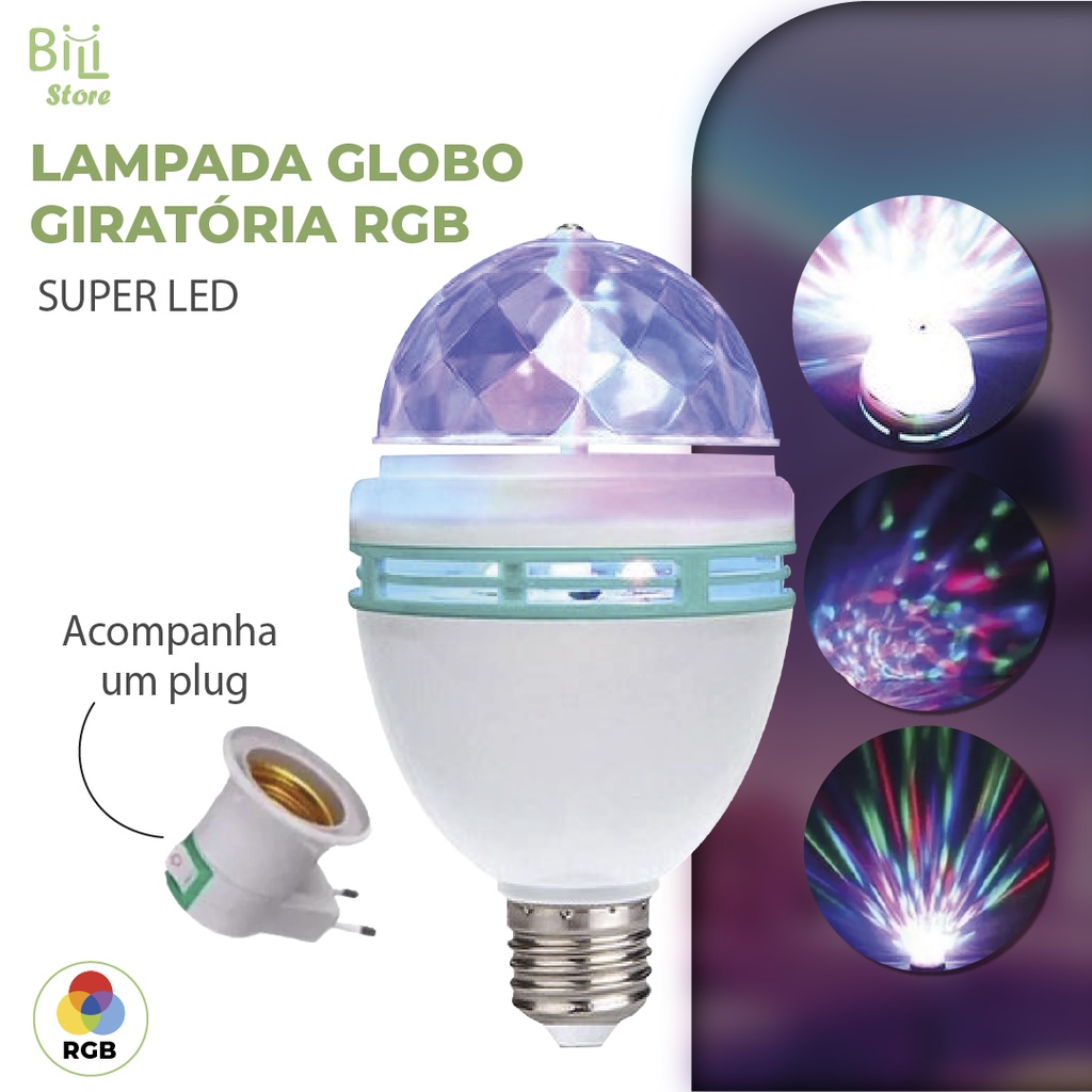 Lâmpada Giratória Colorida Led Bola Maluca Rgb + Adaptador Tomada para Festas Baladas