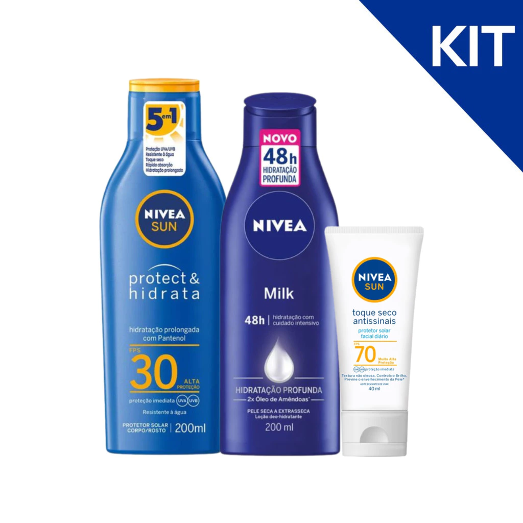 KIT NIVEA SUN Protetor Solar FPS 30 + Protetor Solar Facial Toque Seco FPS 70 + Loção Hidratante Milk 200ml