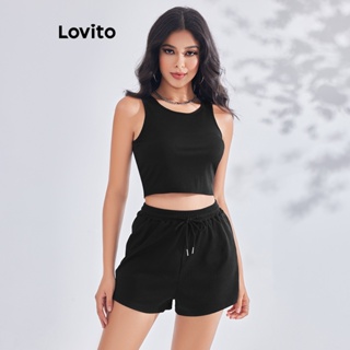 Lovito Conjunto de Shorts com Amarração Básica e Cintura Elástica para Mulheres LBE03017 (Preto)