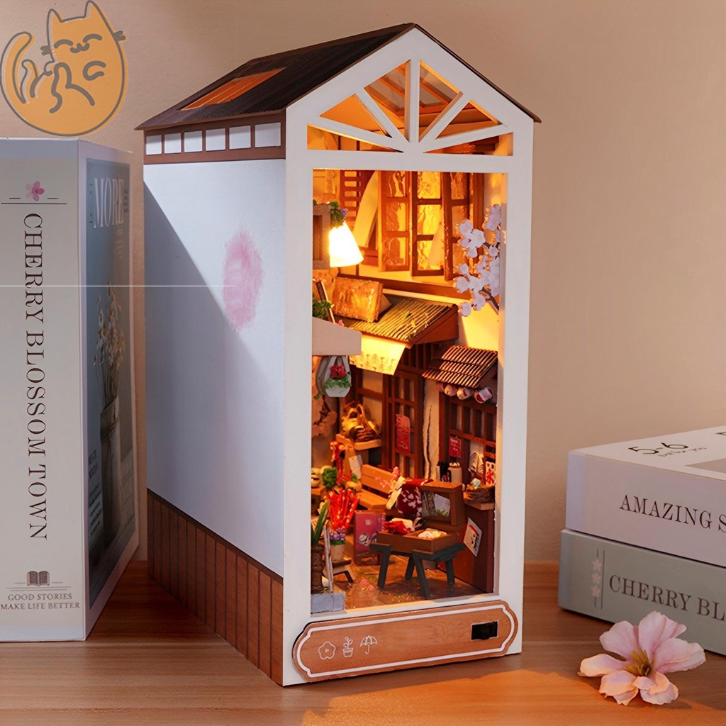 DIY Madeira Loja Japonesa Book Nook, Shelf Insert Kits, Dollhouse Miniatura  com Móveis, Cherry Blossoms Bookends, Brinquedos Presentes