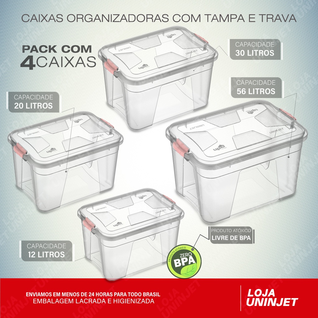 Kit 3 Caixas Organizadoras Plástico Transparente 10L, 20L, 50L Nitron