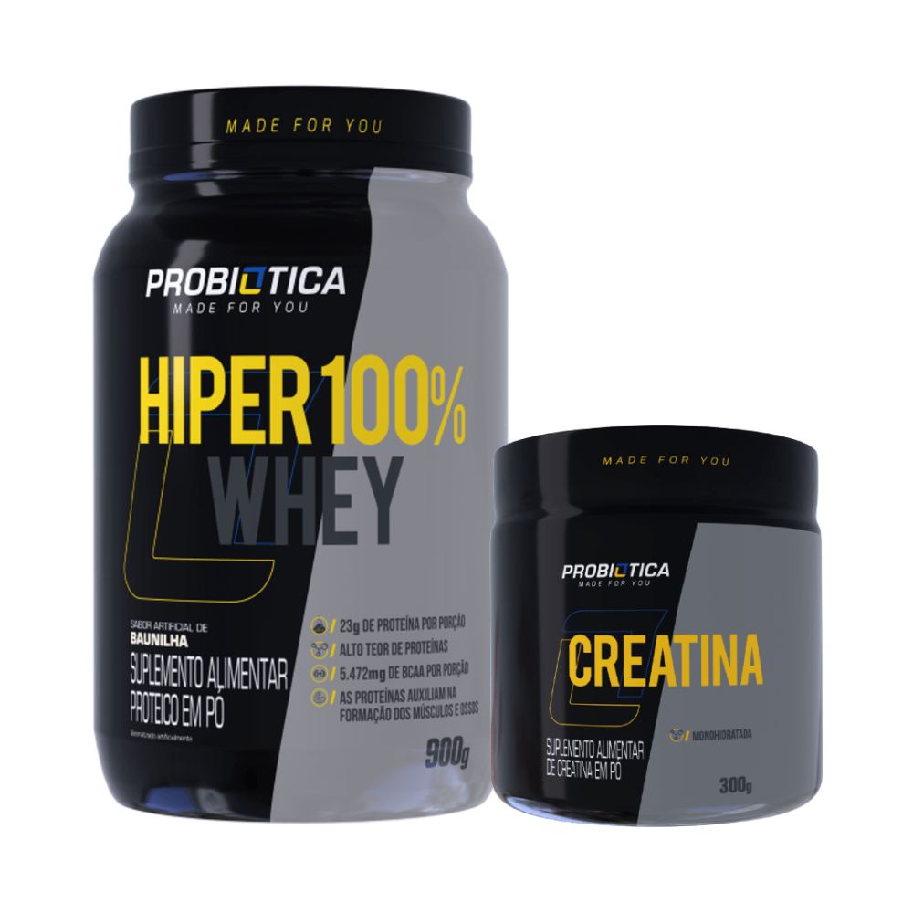 Kit Hiper 100% Whey Probiótica Pote 900g + Creatina 300g