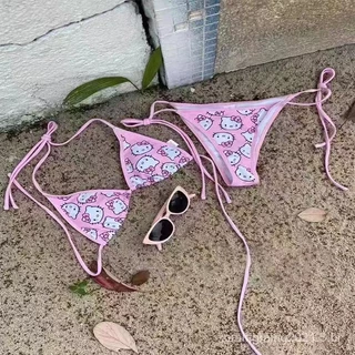 2023 girl helloKitty rosa biquíni peitos pequenos se reúnem bikini férias à beira-mar