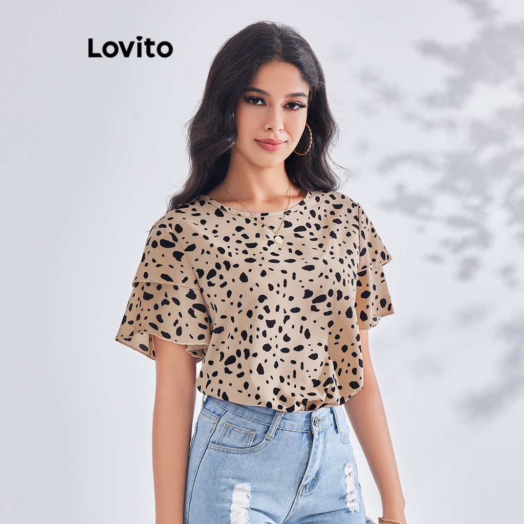 Lovito Blusa de Poá com Camadas Duplas para Mulheres LBE03008 (Caqui)