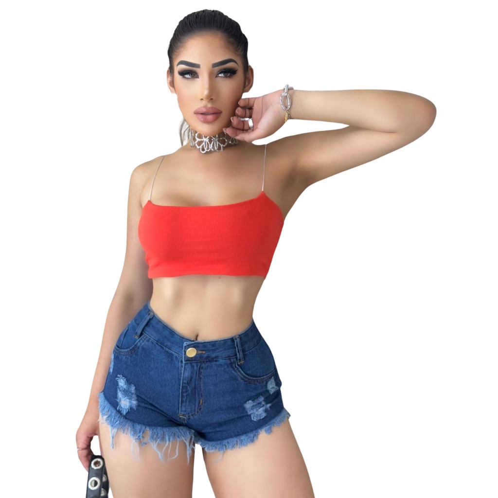 Short Jeans Feminino Azul Escuro Curto Barra Desfiada