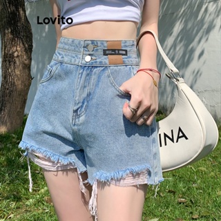 Lovito Shorts Jeans Feminino Casual Com Bainha Crua Lavada E Zíper Frontal Com Bolsos E Botões LNA41171