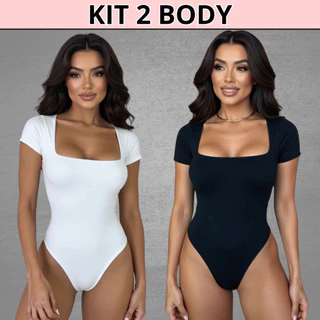 Kit 2 Body Feminino Manga Curta Decote Quadrado Manguinha Decotado Forrado Tecido Suplex Premium