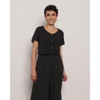 Blusa Feminina Manga Curta Viscose Botões Preta