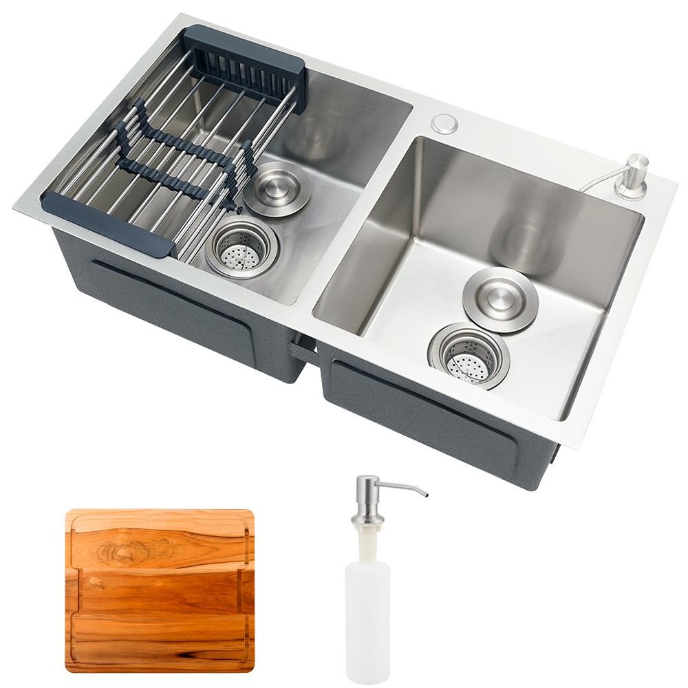 Cuba para cozinha pia dupla em aço inox com acessórios e tábua de corte Awá Pingoo - Prata
