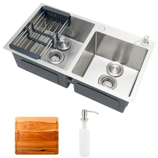 Cuba para cozinha pia dupla em aço inox com acessórios e tábua de corte Awá Pingoo - Prata em Oferta na Shopee