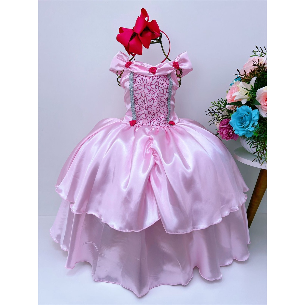 Fantasia Infantil Princesa Aurora Bela Adormecida Festas - Rosa