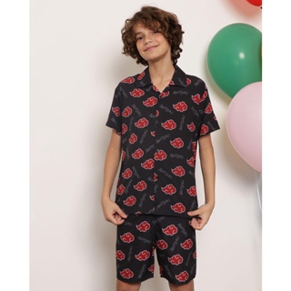 ​Camisa Juvenil Naruto Estampada Akatsuki Manga Curta Preta