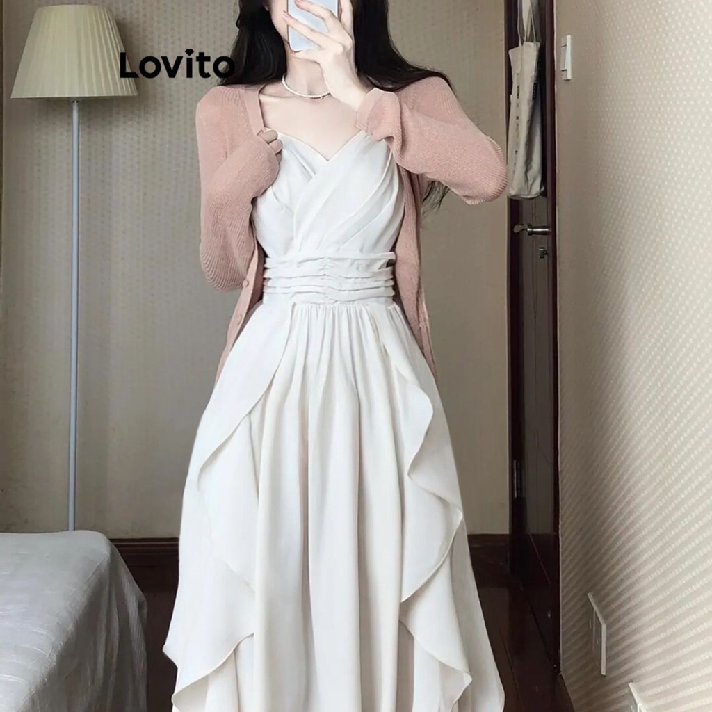 Lovito Vestido com Zíper em Tecido Liso Casual para Mulheres LNA19103 (Branco)