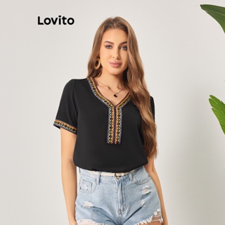 Lovito Blusa Boho com Contraste Geométrico e Fitas para Mulheres LBL06111 (Preto)