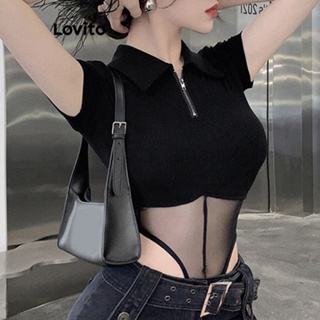 Lovito Body Casual De Malha Com Zíper Liso Para Mulheres LNE31107 (Preto)