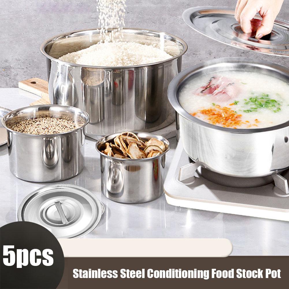 5pcs Conjunto De Panelas De Aço Inoxidável Cozimento Bacia De Sopa Cozinha Condicionamento De Alimentos Duráveis B1D4