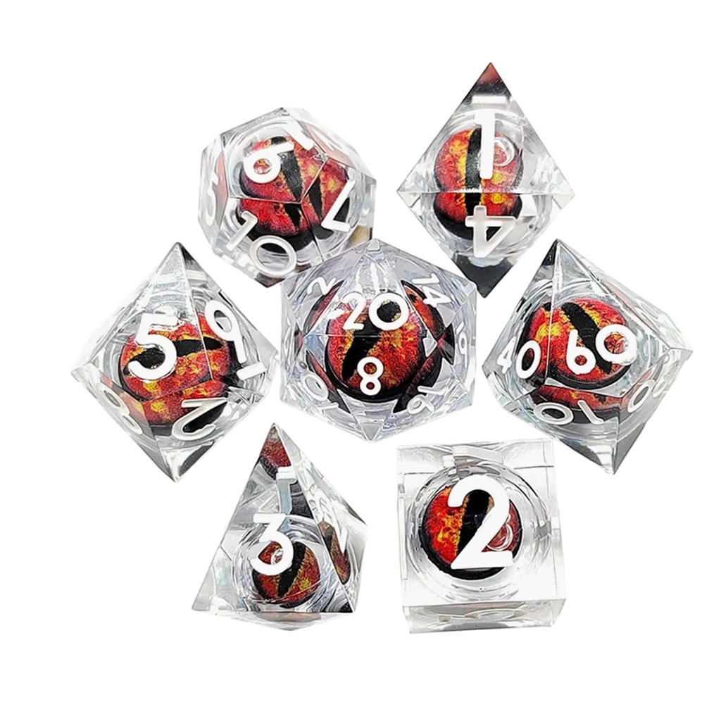 Conj. de 7 dados - Olhos de Dragão que Movimentam - Translúcido - RPG