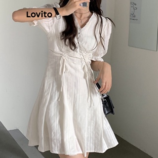 Lovito Vestido Plissado Casual Simples Com Cordão E Botão Para Mulheres LNE41237