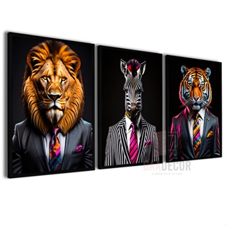 Kit 3 Quadros Decorativos Animais de Terno Escritório Leão
