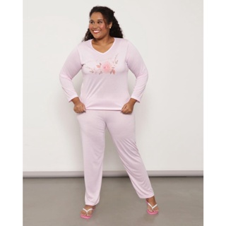 Pijama Feminino Plus Size Longo Estampa Floral Rosa