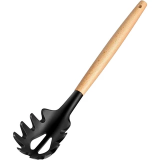 Pegador de Macarrão Silicone Cabo Madeira Grande 32cm Preto