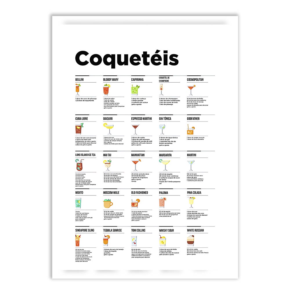 Placa Decorativa Coqueteis Classicos Receitas Drinks Bebidas Decoração Bar Poster