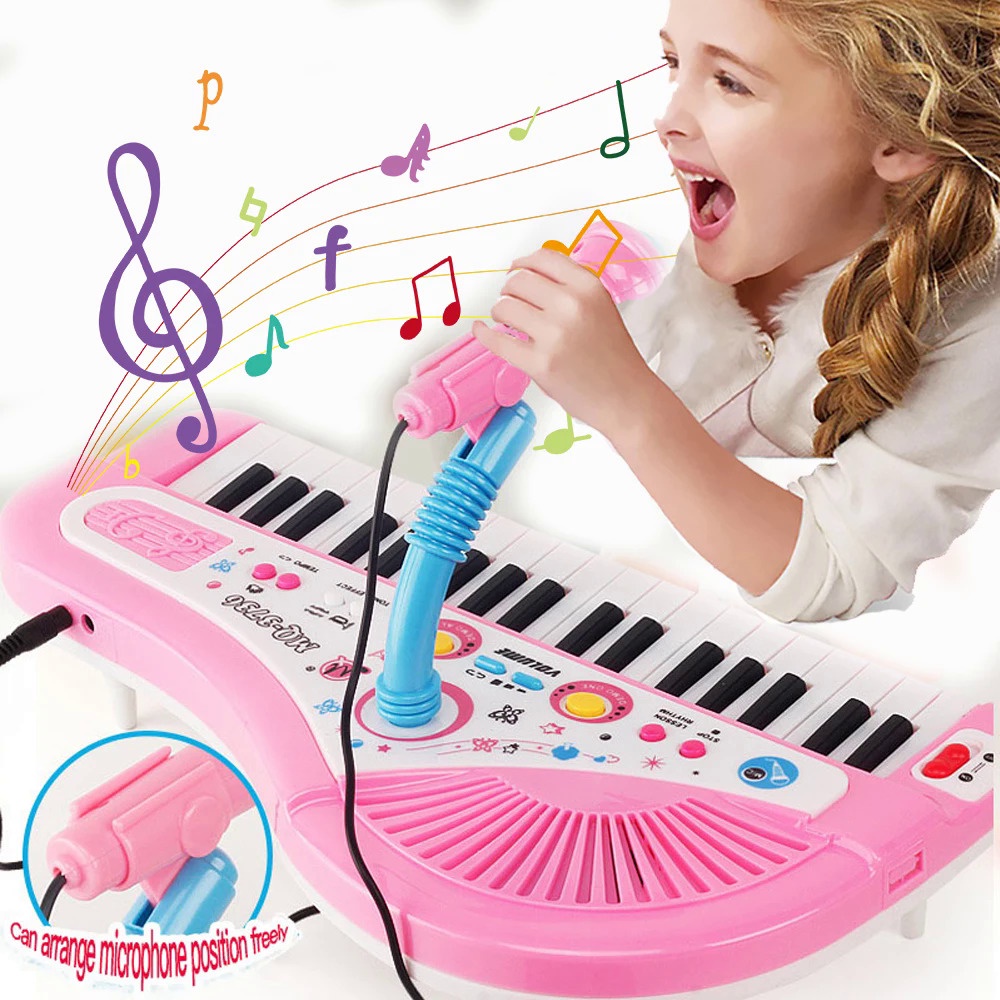 Piano Teclado Infantil C/ Microfone E Banquinho Rosa Inmetro Cor Rosa  Voltagem 0