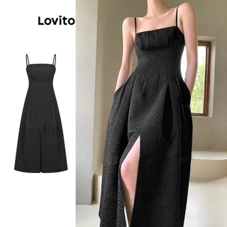 Lovito Elegante Vestido Feminino Floral Alinhado de Jacquard com Fenda Frontal L71ED172 (Preto)