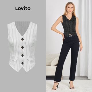 Lovito Blazer Listrado com Bolso Falso para Mulheres LBE04046 (Preto)