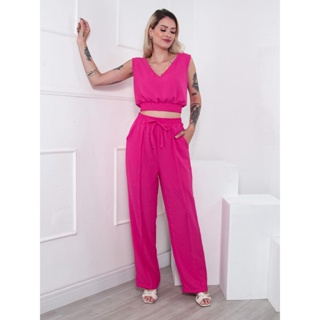Conjunto Feminino Confortável Cropped e Calça Tecido Duna pipoca