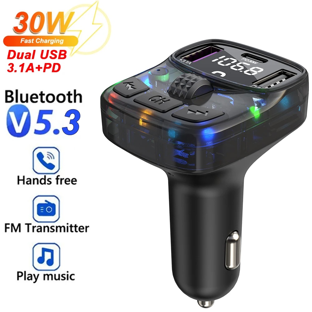 Transmissor FM Bluetooth 5.3 Para Carro De 30W PD Tipo C Dual USB 3.1A Carregador Rápido De Luz Ambiente Colorido Adaptador De MP3 Player Chamadas Viva-Voz