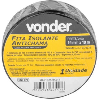 Fita Isolante antichama 19mmx10Metros para Fio elétricos Vonder