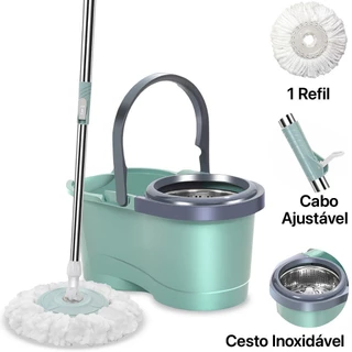 Balde Mop Esfregão Giratório 360 de Limpeza 12 Litros Com Cesto Inox Cabo 1,10 Metros