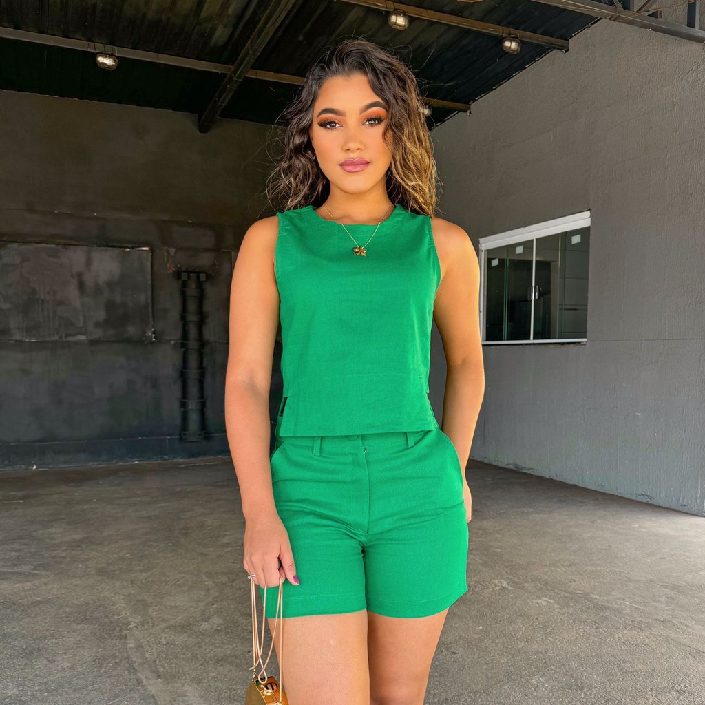 Conjunto Feminino Short E Blusa Linho Alfaiataria Social Shopee