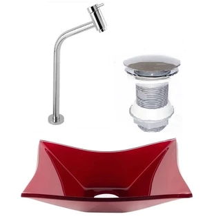 CUBA DE VIDRO RETANGULAR 39CM VERMELHO CEREJA + VALVULA CLICK + TORNEIRA
