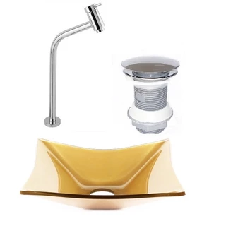 CUBA DE VIDRO RETANGULAR 39CM DOURADO REAL + VALVULA CLICK + TORNEIRA