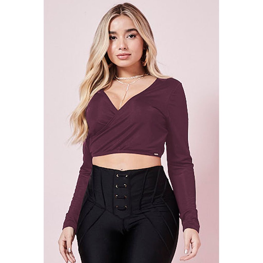 Cropped Manga Longa Decote v Planet Girls Vinho