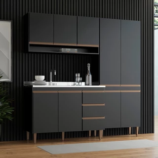 Armário de Cozinha Compacta Modulada com Balcão Pia Sabrina 200x202 Cm 3 Peças MDP Preto MENU