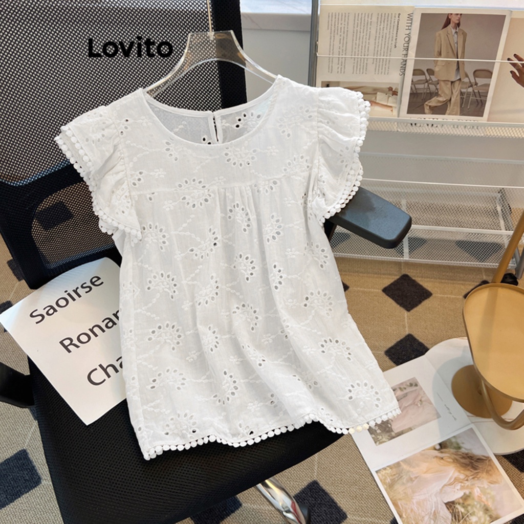 Lovito Blusa Feminina Casual Lisa Com Bordado De Ilhós E Babados ...