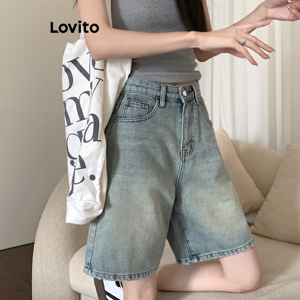 Lovito Shorts de Denim com Bolsos Lisos para Mulheres Casuais LNA19020 (Azul Claro)