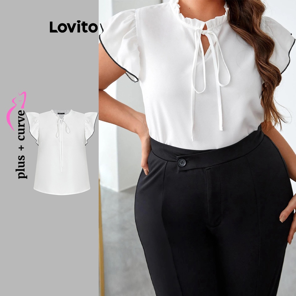 Lovito Blusa de Babados com Amarração e Contraste para Mulheres Tamanho Grande LBL06043 (Branco)