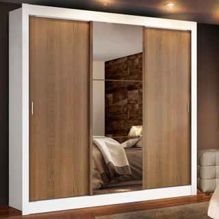 Guarda Roupa Casal Madesa Lyon Plus 3 Portas de Correr com Espelho 4 Gavetas - Branco/Rustic