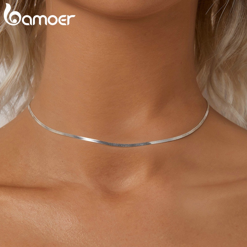 Colar Bamoer 925 Sterling Sliver Necklace Básico De Jóias Em Cadeia De Cobra Para Mulheres