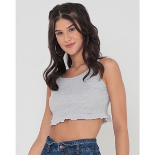 Regata Cropped Canelada Barra Com Babado Cinza Claro