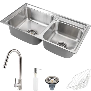 Cuba para cozinha pia dupla com acessórios Ticunas e Torneira monocomando gourmet Iriri Pingoo - Escovado em Oferta na Shopee