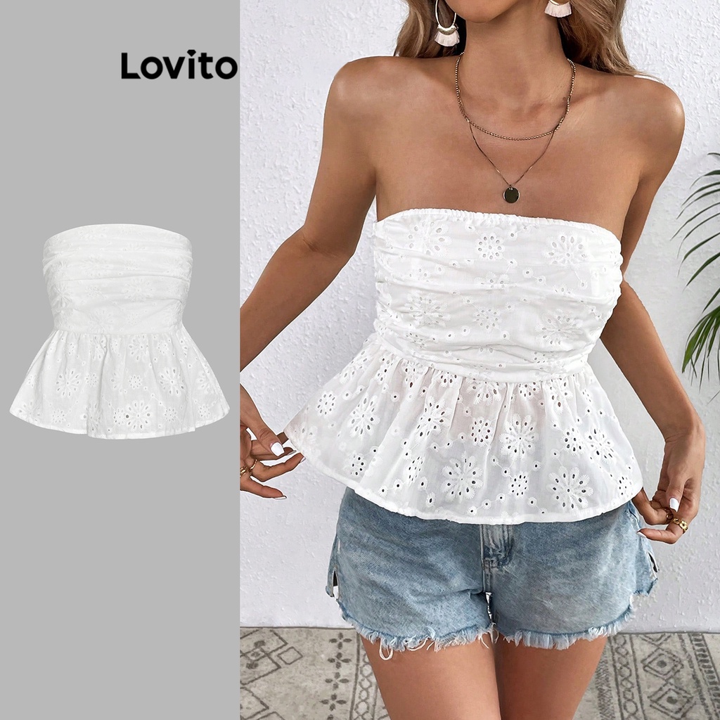 Lovito Regatas Boho Simples Com Babados E Bainha Para Mulheres L68ED069 (Branco)