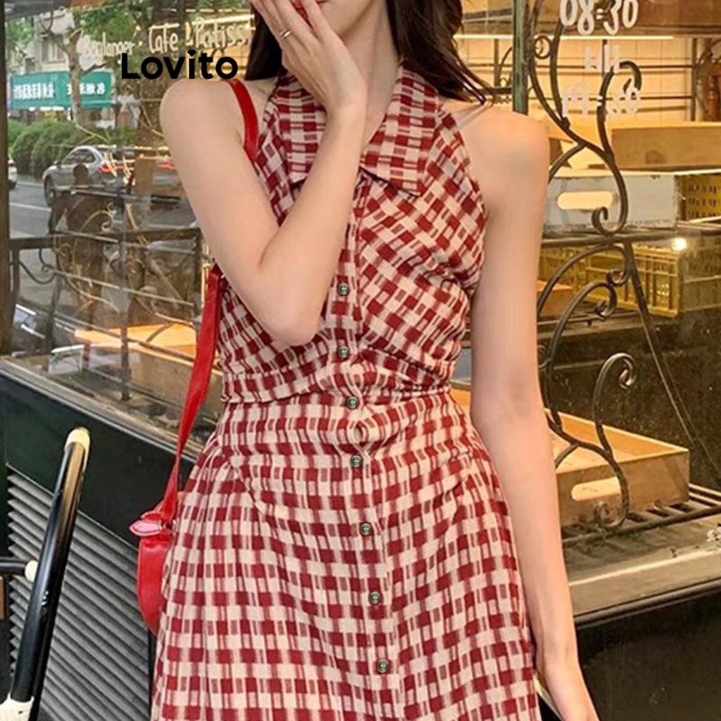 Lovito Vestido com Botões xadrez para Mulheres Casuais LNA19023 (Vermelho)