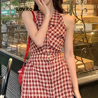 Lovito Vestido com Botões xadrez para Mulheres Casuais LNA19023 (Vermelho)