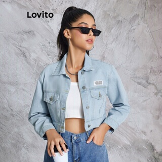 Lovito Jaqueta Jeans Lavada com Estrutura de Linhas e Bolsos de Tecido Liso para Mulheres LBE02059 (Azul Claro)