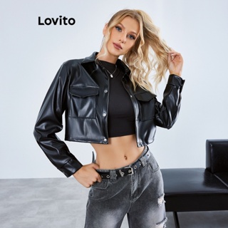 Lovito Casual Jaqueta Básica com Botões Frontais e Bolso para Mulheres LBE01073 (Preto)
